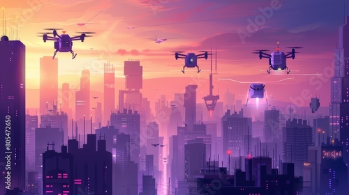 A cityscape with a purple sky and four drones flying over it photo