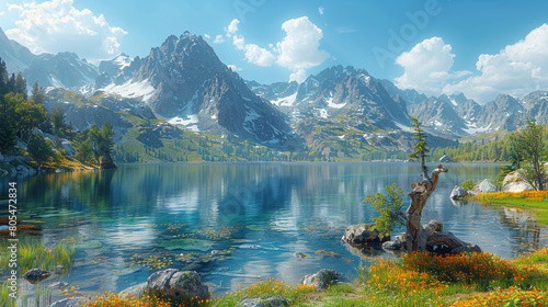  A serene alpine lake tucked away among high hills  its glistening waters reflecting the surrounding peaks like a mirror  producing an incredibly lovely sight