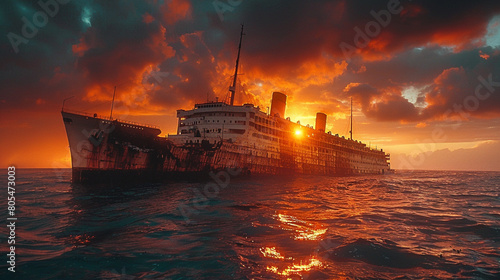  a terrifying picture of a cruise liner that is sinking, silhouetted against the setting sun and disappearing beneath the waves into the darkness of the ocean.