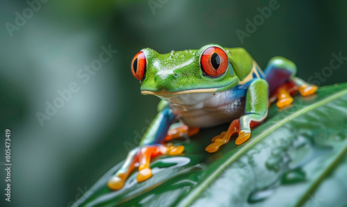 A close-up of a colorful frog with large eyes on a mossy log. Generate AI