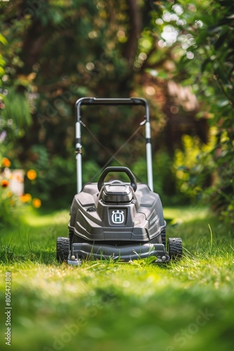 Mowing grass with electric lawn mower in a backyard