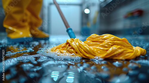 A person is mopping a floor with a yellow mop. Generated by AI