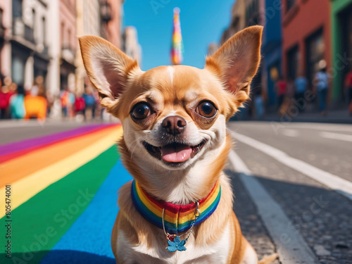 Pride month, pride parade with a cute Chihuahua pet dog participating in the parade, the rainbow flag of the LGBTQ community and other ornaments as the backdrop as symbols of inclusivity and diversity