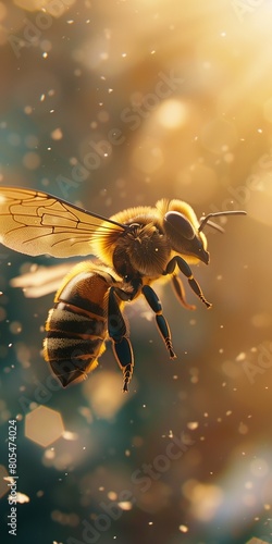 close up of a single honey bee in morning sun light 