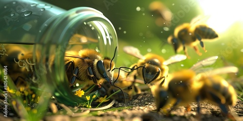 close up of bees flying around glass bottle in the sun