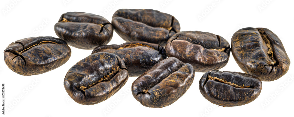 Close-up view of roasted coffee beans isolated on transparent background Close-up view of roasted coffee beans isolated on transparent background