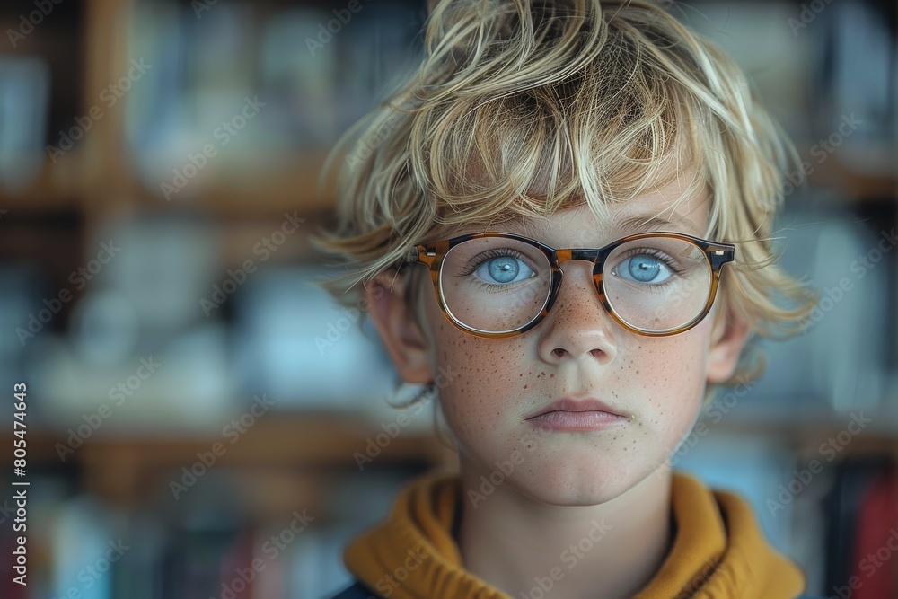 A portrait of a young boy with freckles and glasses, his serious expression suggesting concentration or concern A portrait of a young boy with freckles and glasses, his serious expression suggesting concentration or concern