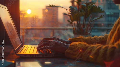 Woman Working on Laptop at Sunset