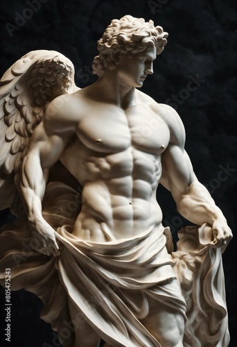 A Statue from a muscular Greek god Statue with a wavy middel Parting Hair out of white Marble with a black background Standing on a podest animated style 8k photo