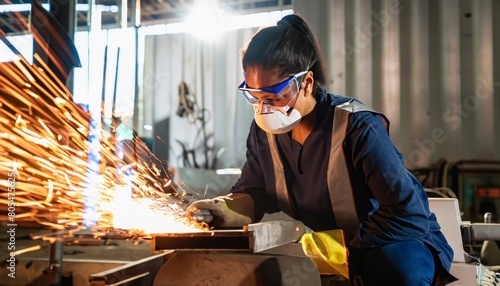 A woman welder is fixing mechanical components, with sparks emanating from the industrial weldin.