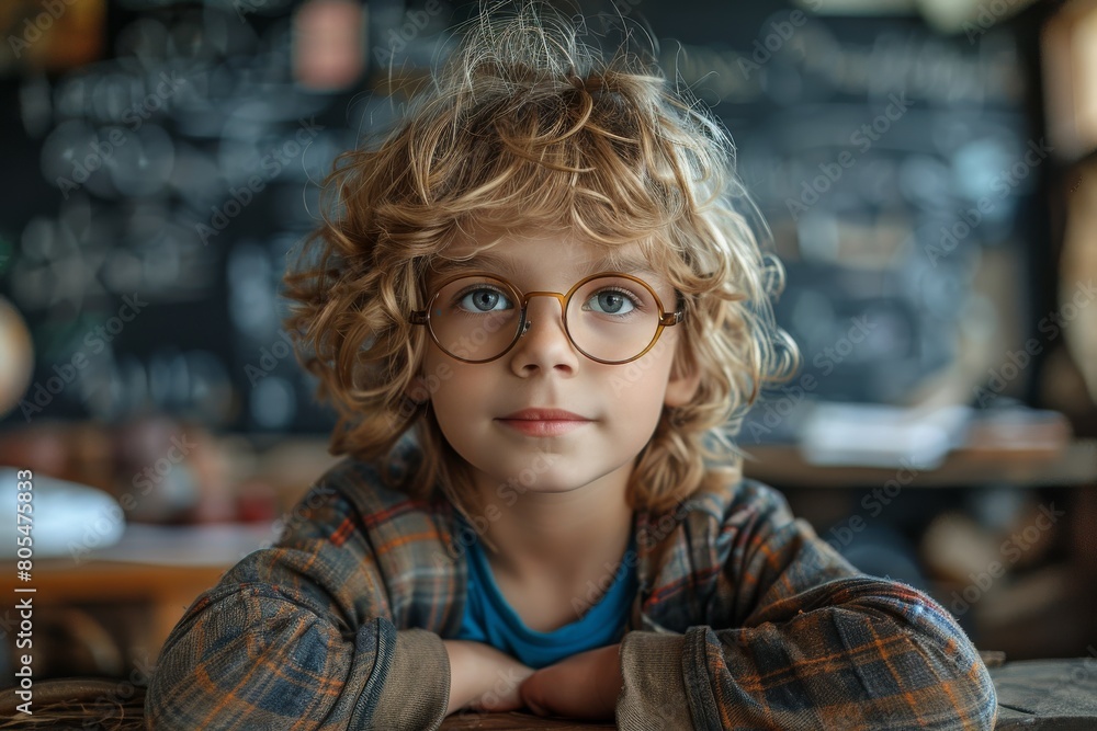 A young boy with glasses looks studious in front of a chalkboard in a classroom A young boy with glasses looks studious in front of a chalkboard in a classroom
