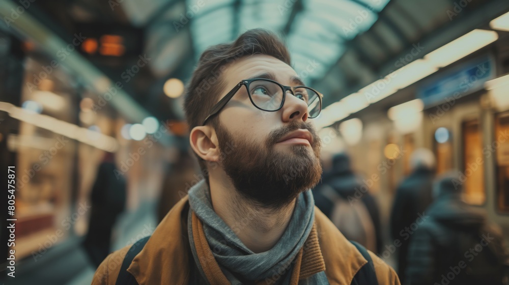 A bearded man wearing glasses stands in a busy airport terminal A bearded man wearing glasses stands in a busy airport terminal