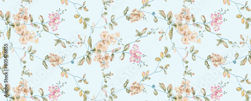 botanical floral watercolor blossom concept background element rotary printing seamless pattern design illustration pink brown turquoise olive color combination for digital home textile and apparels