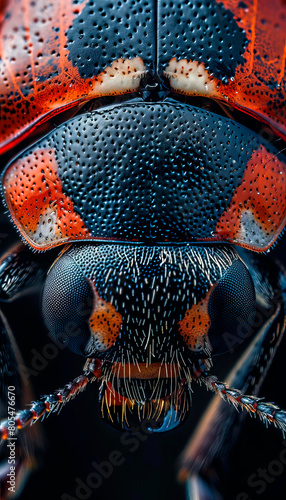 a ladybugs face, revealing the tiny hairs and segmented features photo