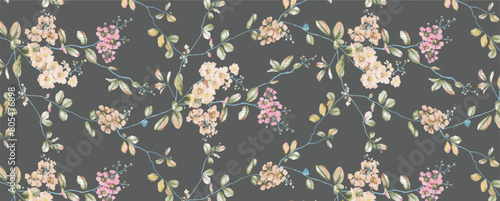 botanical floral watercolor blossom concept background element rotary printing seamless pattern design illustration pink brown dark grey olive color combination for digital home textile and apparels 