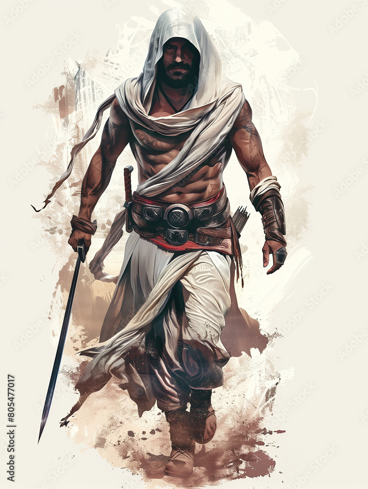 A medieval muslim, arabic warrior holding a sword and walking. Brave ancient assasin artwork, illustration, drawing.	