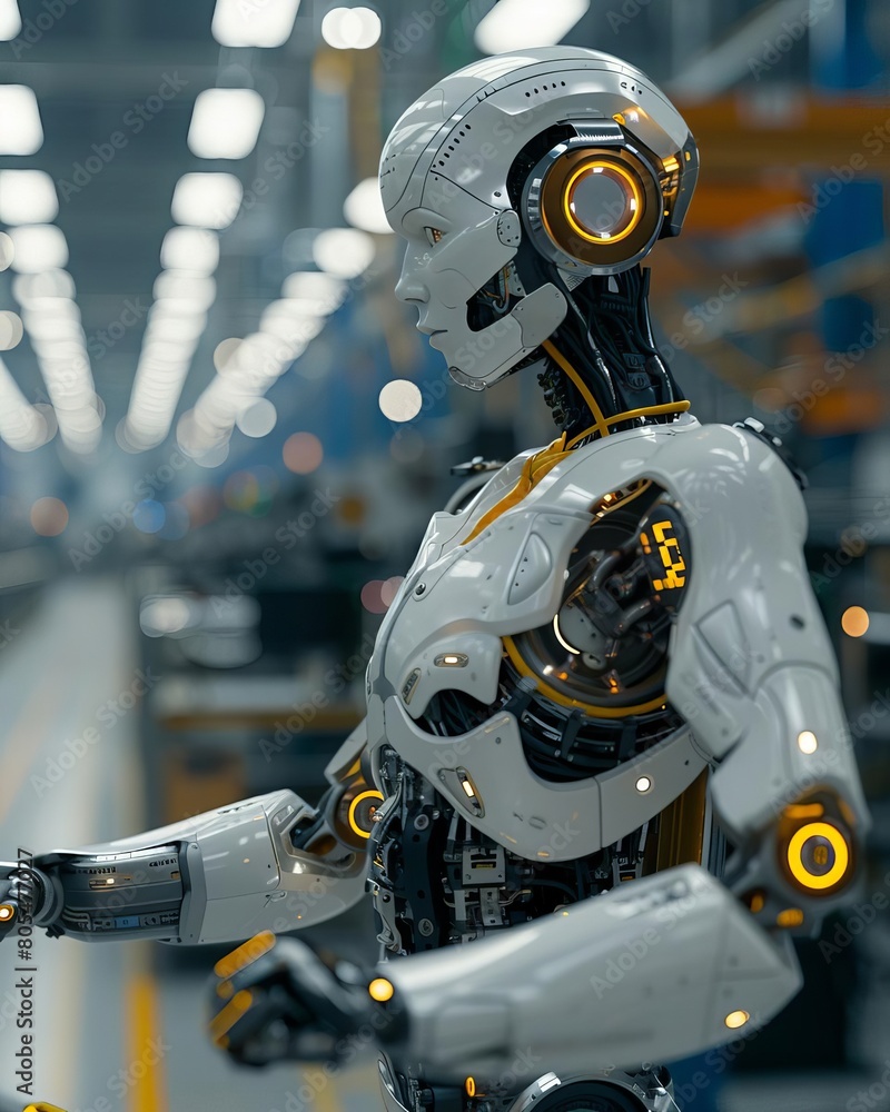 Fototapeta premium Smart factory, industry 40, M2M computer aided manufacturing , 3D humanoid robot working in factory production line with machine, AI future industry engineering