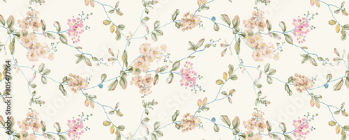 botanical floral watercolor blossom concept background element rotary printing seamless pattern design illustration in pink brown natural olive color combination for digital home textile and apparels 
