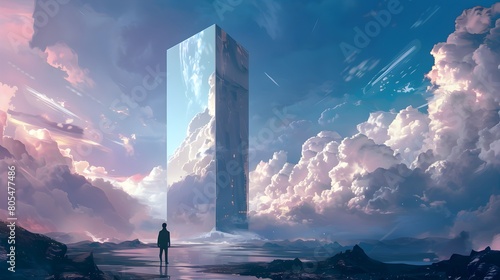 A man contemplating a floating monolith in a surreal landscape with dramatic clouds and light beams photo