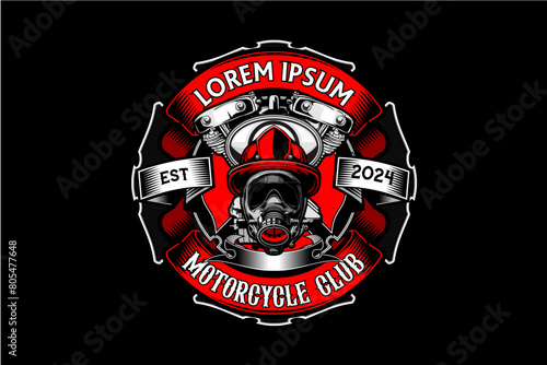Awesome and badass illustration art Fire fighting gas mask with v-twin engine vector image template. Sign and symbol. Nice for motorcycle club in fire fighter man