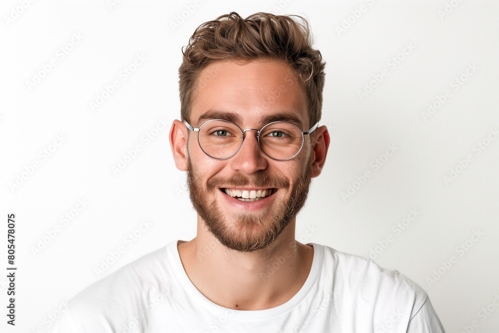 Portrait of handsome young smiling man with short hair and beard wearing glasses 