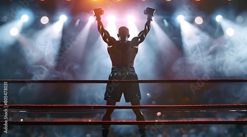 Silhouette of boxer on the ring raising hands in victory backview with spotlights footage photo