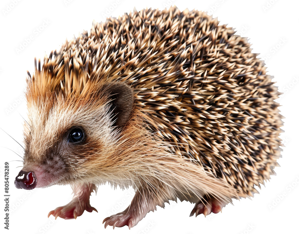 Obraz premium Detailed image of a hedgehog in motion isolated on transparent background