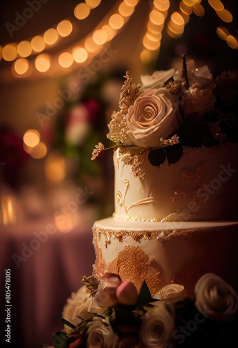 Wedding cake decorated with a beautiful decor of cream. photo