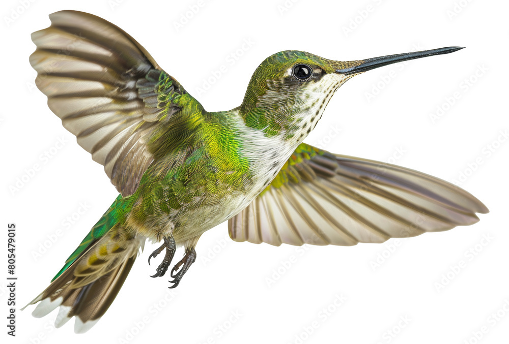 Fototapeta premium Hummingbird in flight captured with detailed wing motion isolated on transparent background