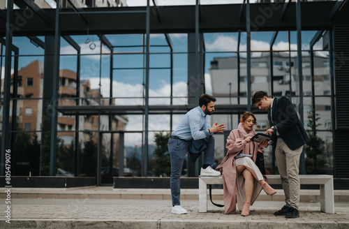 Colleagues in smart casual wear are engaged in a team discussion, analyzing documents and strategizing for business success on a bench outside the office.
