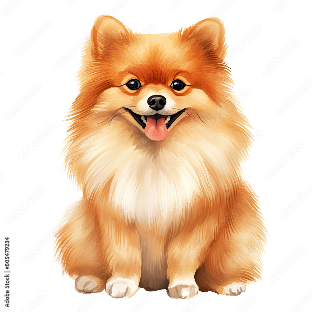 AI-Generated Watercolor cute Pomeranian Clip Art Illustration. Isolated elements on a white background.