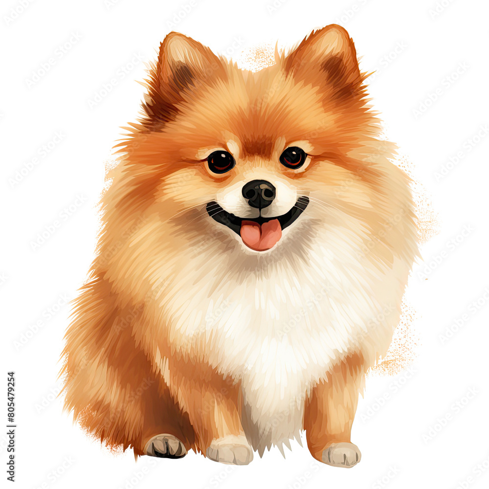 AI-Generated Watercolor cute Pomeranian Clip Art Illustration. Isolated elements on a white background.