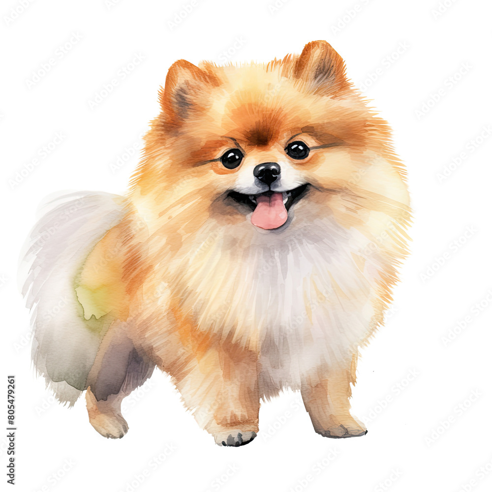 Obraz premium AI-Generated Watercolor cute Pomeranian Clip Art Illustration. Isolated elements on a white background.