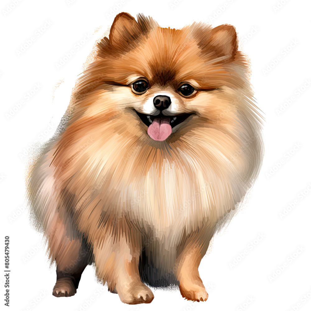 Obraz premium AI-Generated Watercolor cute Pomeranian Clip Art Illustration. Isolated elements on a white background.