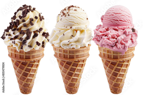 Three different flavored ice cream cones side by side isolated on transparent background