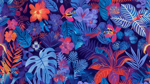 Step into a vibrant world of modern exoticism with a seamless floral jungle pattern, photo