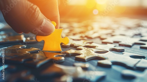 A person carefully fitting a puzzle piece into place photo