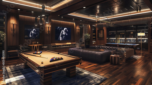 A luxury house's game room, equipped with the latest entertainment technology, including a billiards table, a state-of-the-art sound system,