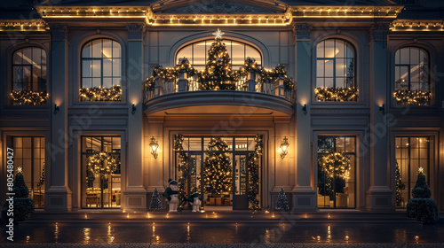 A luxury house during the festive season, with elegant decorations, twinkling lights adorning the fa? section ade, and a majestic Christmas tree visible through the large front windows, 