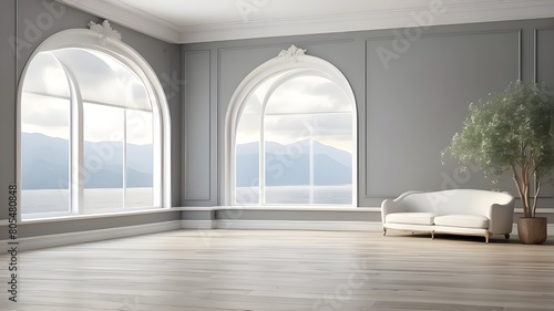 Traditional interior vacant room 3D render The rooms include gray walls and wooden floors  adorned with white molding. White windows provide a glimpse of the surrounding scenery.