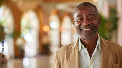 The picture of the mature caribbean male is smiling and working in the hotel as the hotel manager  the hotel manager require skills like customer service  management  knowledge and marketing. AIG43.