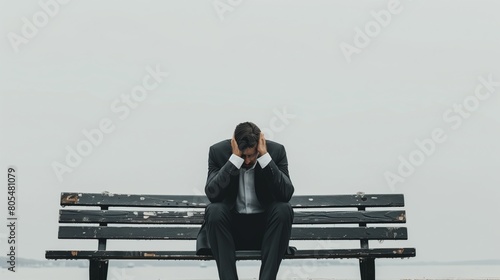Overwhelmed Man in Suit Experiencing Solitude on Weathered Bench in Foggy Outdoors, with copyspace
