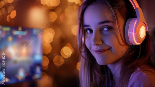 Teenage Girl Live Streaming Video Games with Friends in a Neon-lit Room. Concept Neon-lit Room, Video Games, Teenage Girl, Live Streaming, Friends © Ян Заболотний