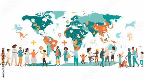 Illustrated global map with diverse people representing international cultures and connections