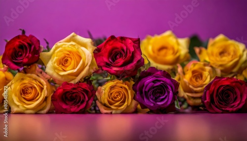 Colorful Roses In Shades Of Red  Yellow  And Purple Against A Purple Background.