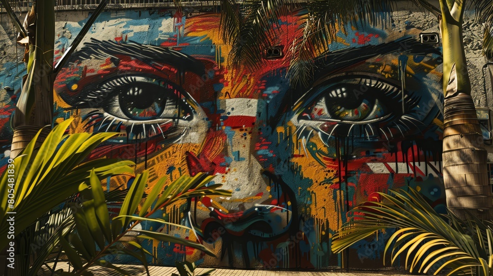 Fototapeta premium Transform traditional street art into a multi-dimensional masterpiece against sweeping environmental backgrounds Embrace unconventional camera angles to craft a fresh perspective that captivates and i