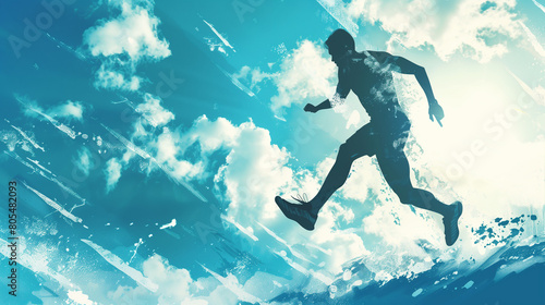 Energetic young man running against a dynamic blue sky with clouds