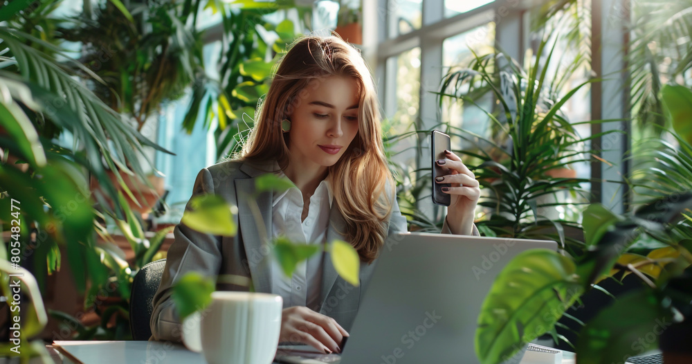 Beautiful woman sitting at a desk with a macbook, looking at her phone screen, in a business office space background surrounded by potted plants Beautiful woman sitting at a desk with a macbook, looking at her phone screen, in a business office space background surrounded by potted plants