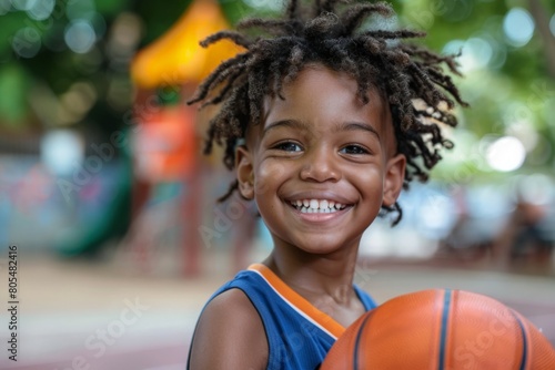 A small child with a bright smile plays with a basketball surrounded by greenery and playground equipment in the park.