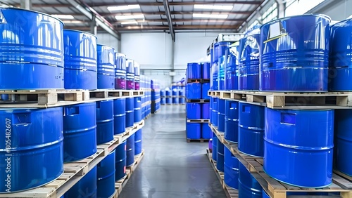 Dispatch of blue drums with liquid chemicals on wooden pallets in warehouse. Concept Warehouse Inventory, Chemical Drums, Wooden Pallets, Dispatch Process, Liquid Chemicals
